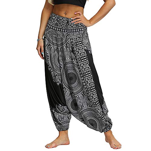 Nuofengkudu Mujer Pantalones Anchos Hippies Estampados Baggy Comodos Cintura Alta Tailandeses Yoga Pants Casual Playa Fiesta Verano (Negro Patrón A,Talla única