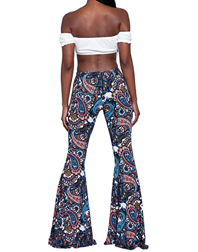 Nuofengkudu Mujer Pantalones Campana Hippie Estampados Largos Elastico Tiro Alto Pantalón Leggins Acampanados Pantalon Comodo Casual Fiesta Ropa Flores Azules S