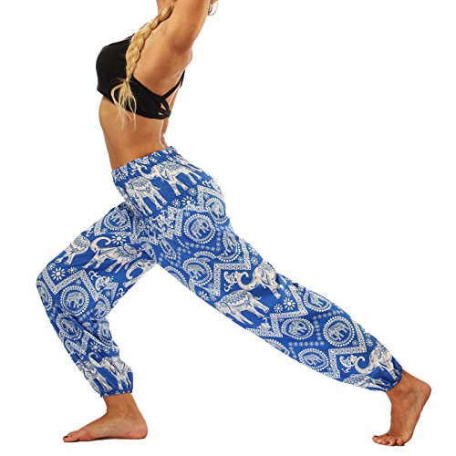 Nuofengkudu Mujer Pantalones Hippies Tailandeses Estampado Verano Cintura Alta Elastica con Bolsillos para Yoga Casual Azul Elefante