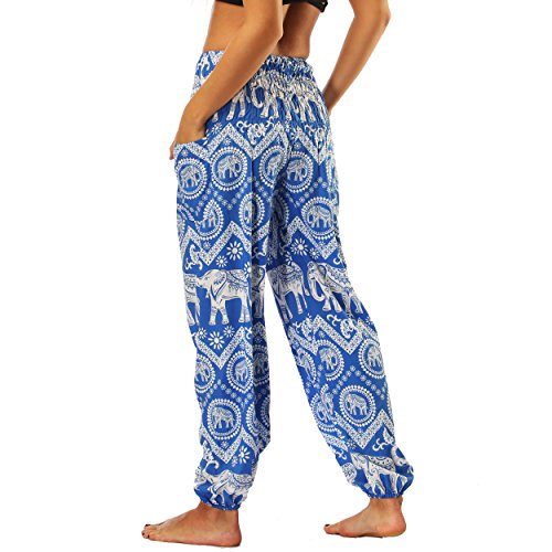 Nuofengkudu Mujer Pantalones Hippies Tailandeses Estampado Verano Cintura Alta Elastica con Bolsillos para Yoga Casual Azul Elefante