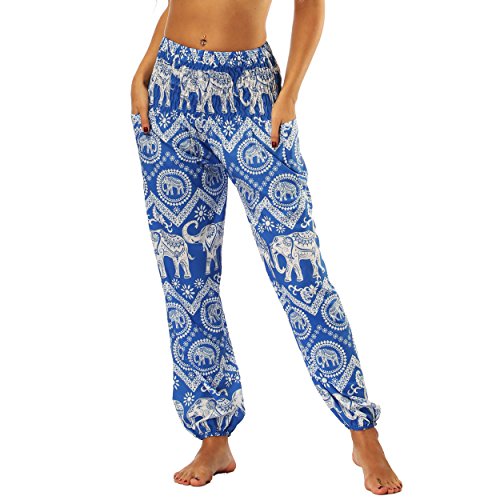 Nuofengkudu Mujer Pantalones Hippies Tailandeses Estampado Verano Cintura Alta Elastica con Bolsillos para Yoga Casual Azul Elefante