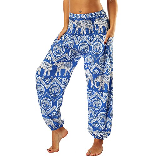 Nuofengkudu Mujer Pantalones Hippies Tailandeses Estampado Verano Cintura Alta Elastica con Bolsillos para Yoga Casual Azul Elefante