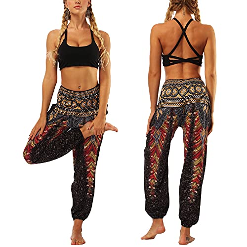 Nuofengkudu Mujer Pantalones Hippies Tailandeses Estampado Verano Cintura Alta Elastica con Bolsillos para Yoga Casual Negro Pavo