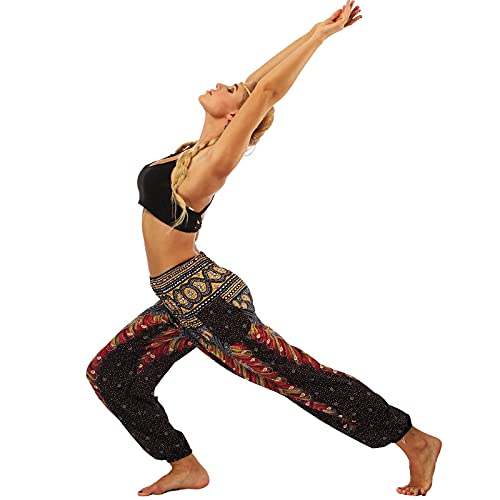 Nuofengkudu Mujer Pantalones Hippies Tailandeses Estampado Verano Cintura Alta Elastica con Bolsillos para Yoga Casual Negro Pavo