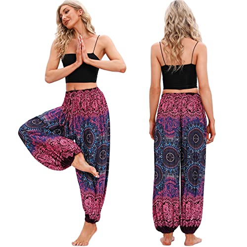 Nuofengkudu Mujer Tallas Grandes Hippie Harem Pantalon Unisex Baggy Boho Estampados Pantalones Pantalón Casual Bombachos Verano Playa Thai Yoga Pants Meditacion Vacaciones Brújula Rosa