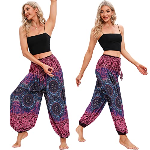 Nuofengkudu Mujer Tallas Grandes Hippie Harem Pantalon Unisex Baggy Boho Estampados Pantalones Pantalón Casual Bombachos Verano Playa Thai Yoga Pants Meditacion Vacaciones Brújula Rosa