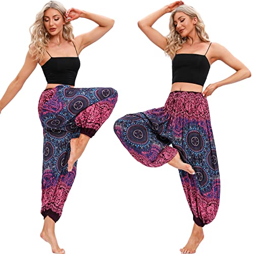 Nuofengkudu Mujer Tallas Grandes Hippie Harem Pantalon Unisex Baggy Boho Estampados Pantalones Pantalón Casual Bombachos Verano Playa Thai Yoga Pants Meditacion Vacaciones Brújula Rosa