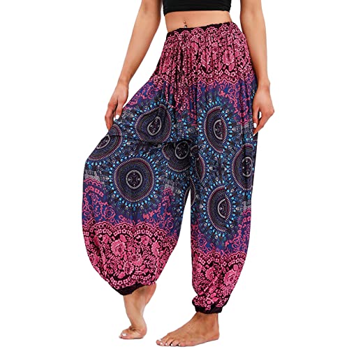 Nuofengkudu Mujer Tallas Grandes Hippie Harem Pantalon Unisex Baggy Boho Estampados Pantalones Pantalón Casual Bombachos Verano Playa Thai Yoga Pants Meditacion Vacaciones Brújula Rosa