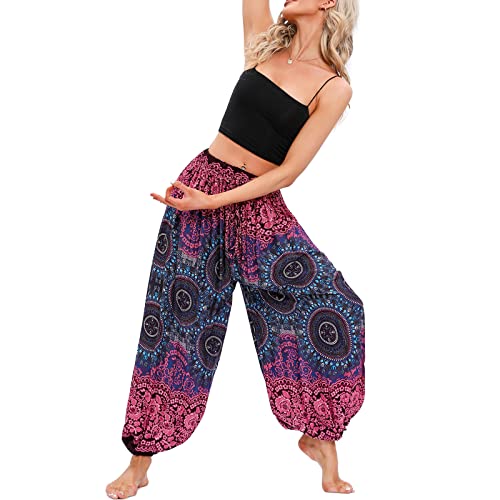 Nuofengkudu Mujer Tallas Grandes Hippie Harem Pantalon Unisex Baggy Boho Estampados Pantalones Pantalón Casual Bombachos Verano Playa Thai Yoga Pants Meditacion Vacaciones Brújula Rosa