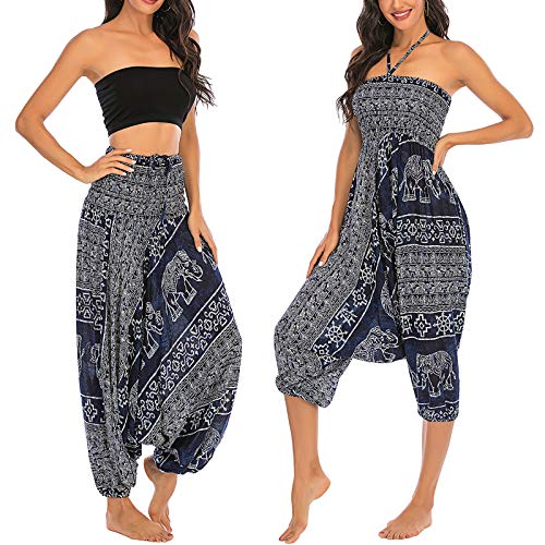 Nuofengkudu Mujer Thai Harem Pantalones Jumpsuit Hippie Boho Estampados Baggy Monos Pantalón Cintura Alta Indios Tallas Grandes Yoga Pants Pijama Verano Playa(S-Elefante Azul Oscuro)