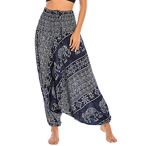 Nuofengkudu Mujer Thai Harem Pantalones Jumpsuit Hippie Boho Estampados Baggy Monos Pantalón Cintura Alta Indios Tallas Grandes Yoga Pants Pijama Verano Playa(S-Elefante Azul Oscuro)