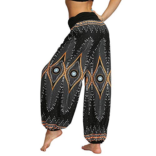 Nuofengkudu Mujeres Hippies Pantalones Largos Cintura Alta Boho Flores Impreso Suelto Yoga Pants Verano Playa Fiesta Tailandeses Harem Pantalón (Negro Pavo,XL)