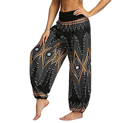 Nuofengkudu Mujeres Hippies Pantalones Largos Cintura Alta Boho Flores Impreso Suelto Yoga Pants Verano Playa Fiesta Tailandeses Harem Pantalón (Negro Pavo,XL)