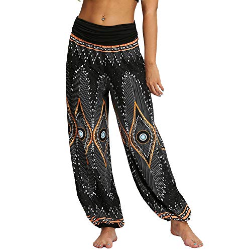 Nuofengkudu Mujeres Hippies Pantalones Largos Cintura Alta Boho Flores Impreso Suelto Yoga Pants Verano Playa Fiesta Tailandeses Harem Pantalón (Negro Pavo,XL)