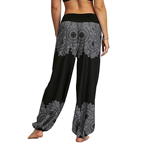 Nuofengkudu Mujeres Hippies Pantalones Largos Cintura Alta Boho Flores Impreso Suelto Yoga Pants Verano Playa Fiesta Tailandeses Harem Pantalón (Negro C,S)