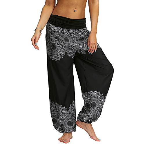 Nuofengkudu Mujeres Hippies Pantalones Largos Cintura Alta Boho Flores Impreso Suelto Yoga Pants Verano Playa Fiesta Tailandeses Harem Pantalón (Negro C,S)