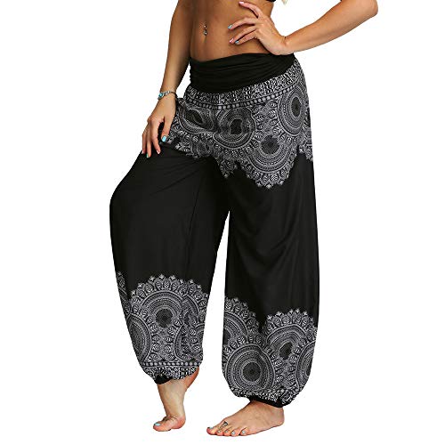 Nuofengkudu Mujeres Hippies Pantalones Largos Cintura Alta Boho Flores Impreso Suelto Yoga Pants Verano Playa Fiesta Tailandeses Harem Pantalón (Negro C,S)