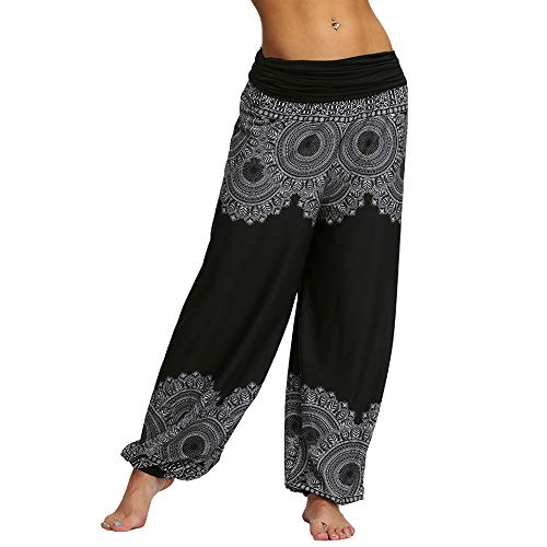 Nuofengkudu Mujeres Hippies Pantalones Largos Cintura Alta Boho Flores Impreso Suelto Yoga Pants Verano Playa Fiesta Tailandeses Harem Pantalón (Negro C,S)