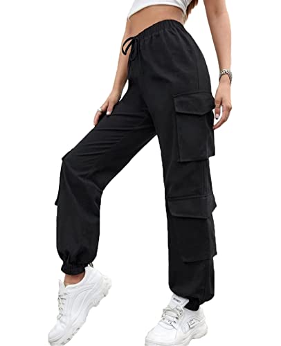 Nuofengkudu Petite Pantalones Cargo Mujer Elasticos Harem Pantalon con Bolsillos Stretch Cintura Tobillo Pantalón Chica Joven Punk Deportivo Jogging Jogger Pants Hip Hop Moda Casual Negro XL