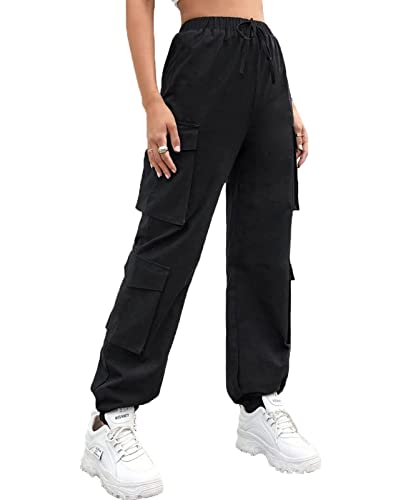 Nuofengkudu Petite Pantalones Cargo Mujer Elasticos Harem Pantalon con Bolsillos Stretch Cintura Tobillo Pantalón Chica Joven Punk Deportivo Jogging Jogger Pants Hip Hop Moda Casual Negro XL