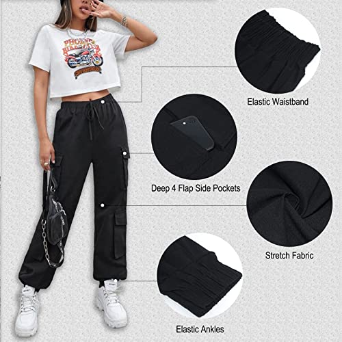 Nuofengkudu Petite Pantalones Cargo Mujer Elasticos Harem Pantalon con Bolsillos Stretch Cintura Tobillo Pantalón Chica Joven Punk Deportivo Jogging Jogger Pants Hip Hop Moda Casual Negro M