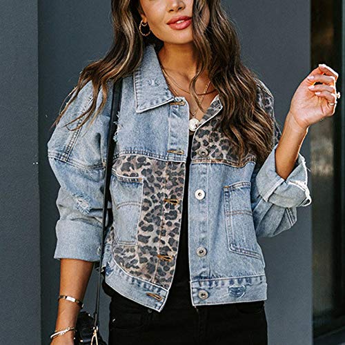 NUSGEAR 2023 Chaqueta Vaquera Mujer Moda leopardo manga larga Chaqueta abrigo con Bolsillos jean otoño Primavera Casual mezclilla Cardigan botones Fiesta vacaciones