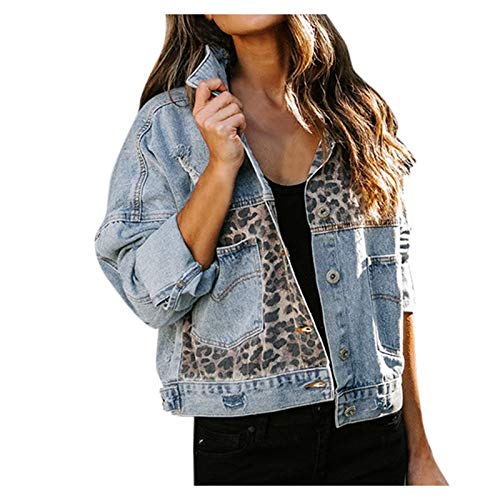 NUSGEAR 2023 Chaqueta Vaquera Mujer Moda leopardo manga larga Chaqueta abrigo con Bolsillos jean otoño Primavera Casual mezclilla Cardigan botones Fiesta vacaciones