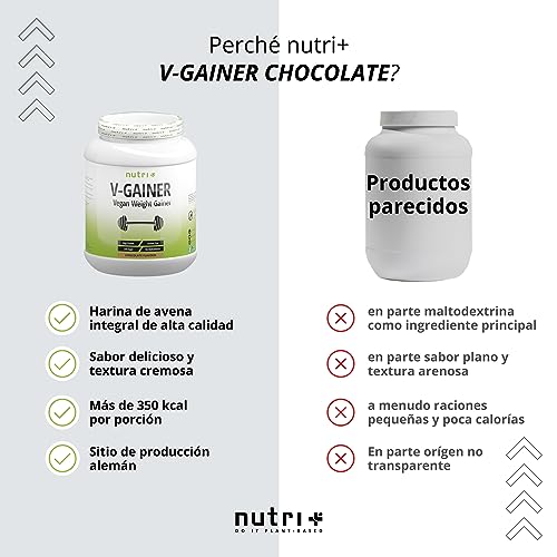 nutri+ WEIGHT & MASS GAINER 2 kg Vegano - Bebida con sabor Chocolate rico en calorías para ganar peso y masa muscular - ganador masa sin maltodextrina - 1 kg