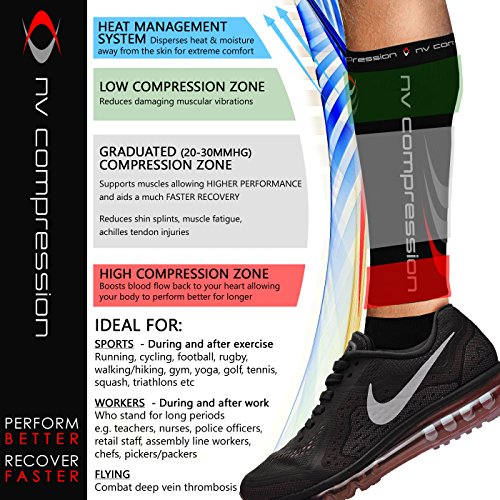 NV Compression 365 Calentadores de pantorrilla de compresiÃ³n Negros - Compression Calf Sleeves - Black - For Sports Recovery, Work, Flight - Running, Cycling, Soccer, Rugby, Fitness, Gym, Golf, Tennis, Triathlon (Negro/Rojo, XL)