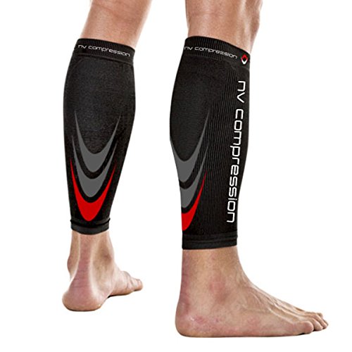 NV Compression 365 Calentadores de pantorrilla de compresiÃ³n Negros - Compression Calf Sleeves - Black - For Sports Recovery, Work, Flight - Running, Cycling, Soccer, Rugby, Fitness, Gym, Golf, Tennis, Triathlon (Negro/Rojo, XL)