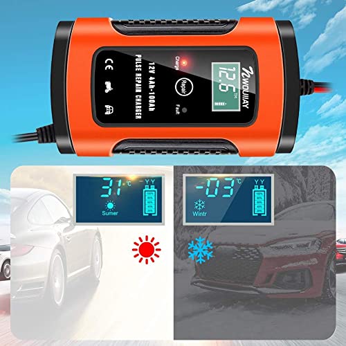 NWOUIIAY Cargador Batería Inteligente 12V 6A, Múltiples Protecciones con LCD Pantalla Apto para 12V Baterías de Coche ATV SUV Moto Cortacésped