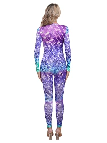 Nyeemya Body Mujer Cuello Alto Mangas Largas Mono Deportivo Gimnasia Fitness Traje De Baile Sirena Escamas de pescado Jumpsuit Danza Outfit Tipo B M