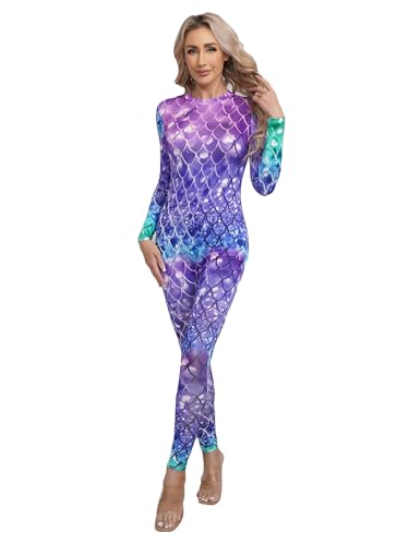 Nyeemya Body Mujer Cuello Alto Mangas Largas Mono Deportivo Gimnasia Fitness Traje De Baile Sirena Escamas de pescado Jumpsuit Danza Outfit Tipo B M