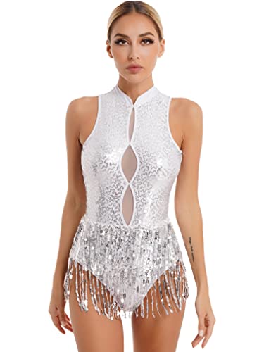 Nyeemya Maillot Ballet Danza Mujer de Sin Mangas Brillante Leotardo Gimnasia Mujer Cuello Halter Clásico Body con Flecos Traje de actuación de Baile Latino Cha Cha B Blanco S