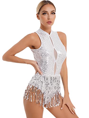 Nyeemya Maillot Ballet Danza Mujer de Sin Mangas Brillante Leotardo Gimnasia Mujer Cuello Halter Clásico Body con Flecos Traje de actuación de Baile Latino Cha Cha B Blanco S