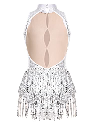 Nyeemya Maillot Ballet Danza Mujer de Sin Mangas Brillante Leotardo Gimnasia Mujer Cuello Halter Clásico Body con Flecos Traje de actuación de Baile Latino Cha Cha B Blanco S