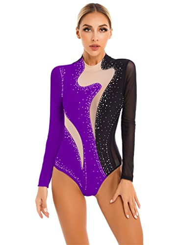 Nyeemya Maillot Gimnasia Ritmica para Mujer Transparente Clásico Mono de Danza Leotardo Deportivo Jumpsuit Body Manga Larga de Diamantes Brillantes Disfraz Bailarina Negro y púrpura M