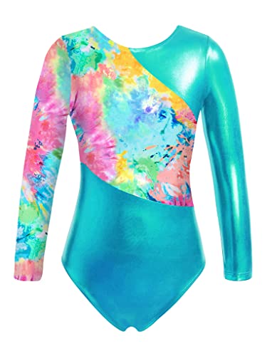 Nyeemya Maillots De Gimnasia Mangas Largas con Leggings para Niñas Brillante Maillot De Danza Ballet Leotardos Gimnásticos Clásico Ropa De Ballet Azul Verde 7-8 años