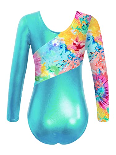 Nyeemya Maillots De Gimnasia Mangas Largas con Leggings para Niñas Brillante Maillot De Danza Ballet Leotardos Gimnásticos Clásico Ropa De Ballet Azul Verde 7-8 años