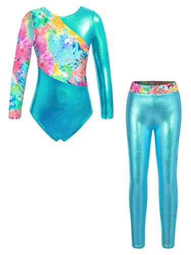 Nyeemya Maillots De Gimnasia Mangas Largas con Leggings para Niñas Brillante Maillot De Danza Ballet Leotardos Gimnásticos Clásico Ropa De Ballet Azul Verde 7-8 años