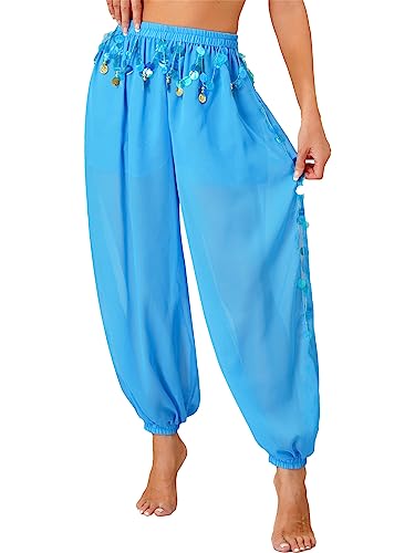 Nyeemya Pantalones Bombachos para Danza del Vientre, Pantalones árabes Tribales de Gasa para Mujer, Suelto Brillante con Lentejuelas, pantalón Bombacho Cielo Azul M