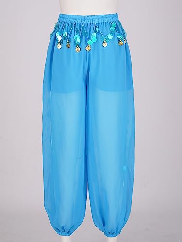 Nyeemya Pantalones Bombachos para Danza del Vientre, Pantalones árabes Tribales de Gasa para Mujer, Suelto Brillante con Lentejuelas, pantalón Bombacho Cielo Azul M