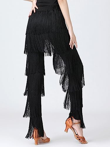 Nyeemya Pantalones De Baile Latino Traje De Rendimiento De Tango Cha-Cha Pants Cintura Elástica Pantalones con Flecos Escalonados Negro S