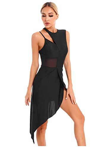 Nyeemya Vestido de Baile Latino para Mujer Asimétrico Sin Manga Maillot de Danza Ballet Contemporanea Transparente Leotardo de Gimnasia Rítmica Negro S