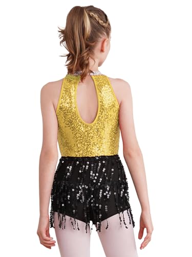 Nyeemya Vestido de Danza Moderna Jazz para Niña Maillot de Gimnasia con Lentejuelas Traje Vestido de Baile Latino Flecos Falda Amarillo 15-16 años