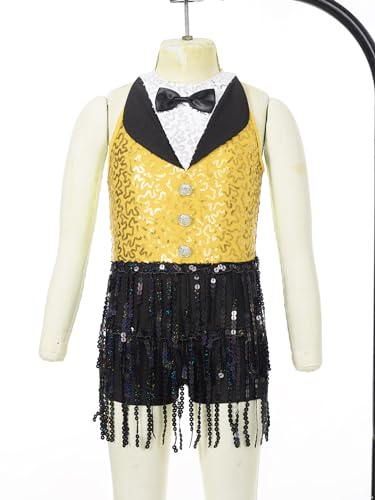 Nyeemya Vestido de Danza Moderna Jazz para Niña Maillot de Gimnasia con Lentejuelas Traje Vestido de Baile Latino Flecos Falda Amarillo 15-16 años