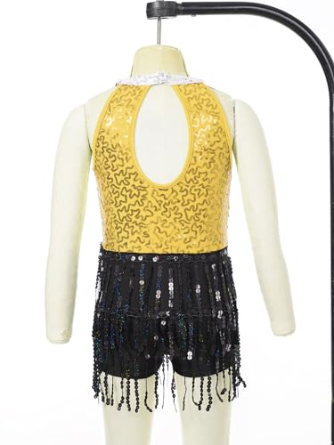 Nyeemya Vestido de Danza Moderna Jazz para Niña Maillot de Gimnasia con Lentejuelas Traje Vestido de Baile Latino Flecos Falda Amarillo 15-16 años