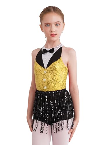 Nyeemya Vestido de Danza Moderna Jazz para Niña Maillot de Gimnasia con Lentejuelas Traje Vestido de Baile Latino Flecos Falda Amarillo 15-16 años