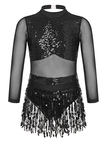 Nyeemya Vestido de Latino Lentejuelas Ballet Danza Patinaje Artistico Maillot Manga Larga Flapper con Flecos Ropa de Baile Dancewear Negro 9-10 años