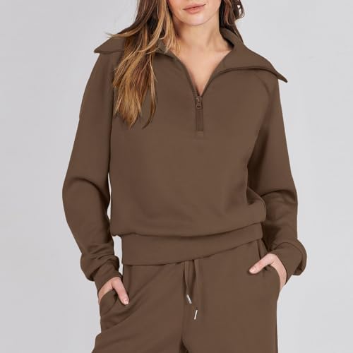 OCCOKO Conjunto Chándal Mujer Completo Conjunto Deportivos Mujer 2 Piezas Casual Sudadera Manga Larga/Corta con Cremallera y Pantalones para Yoga Correr (Brown, M)